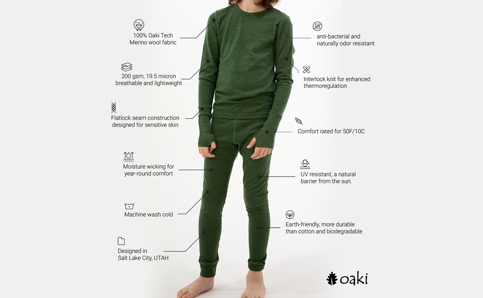 A child model wearing an olive green long-sleeve pajama set with matching pants, shown against a light gray background with feature callout text and icons around the body. The brand name Oaki is visible at the bottom right.