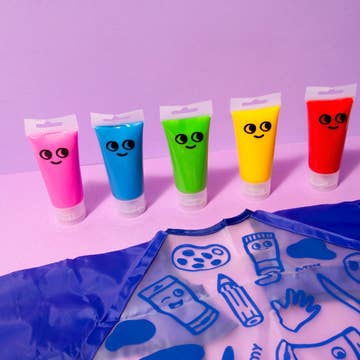 Set of colorful gel tubes with cartoon faces on a purple background