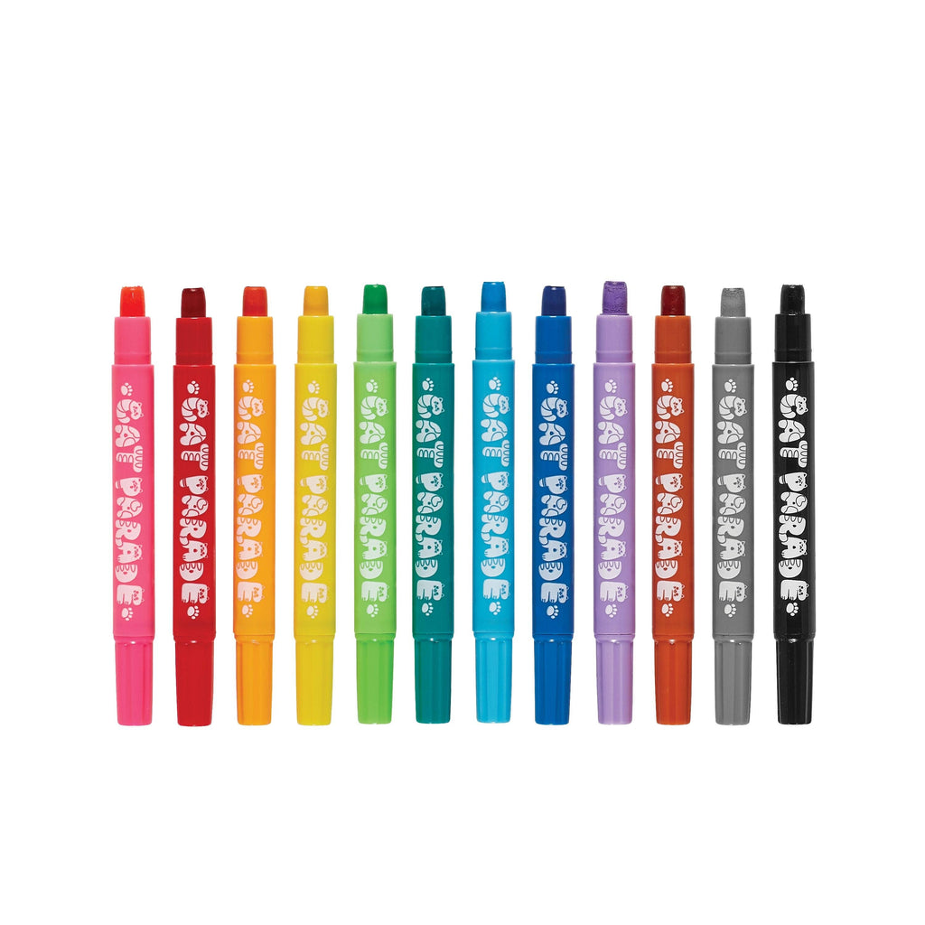 A set of 12 dual-tip highlighters in various colors, arranged in a row against a plain white background. Each marker features a white cartoon character printed vertically on its barrel.
