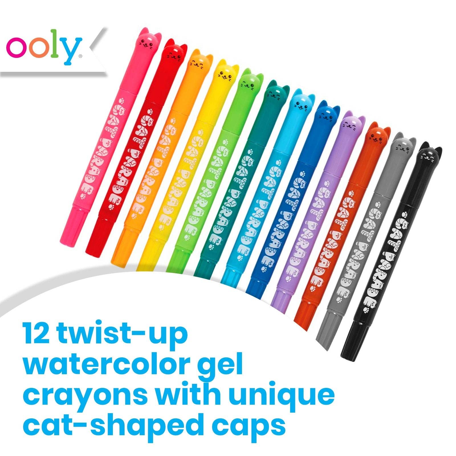 Set of 12 twist-up watercolor gel crayons with cat-shaped caps on a white background, featuring the brand 'ooly'.
