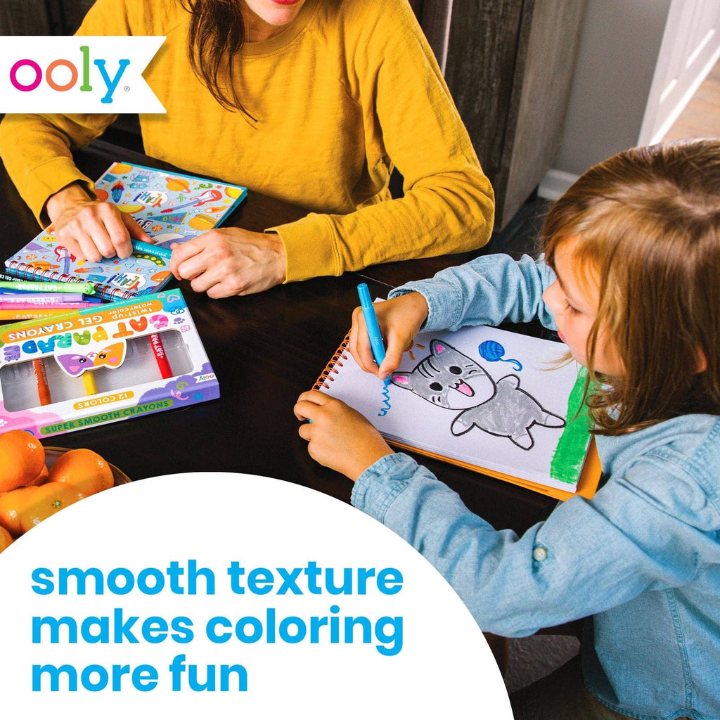 Woman and child coloring with ooly products, featuring the brand logo.