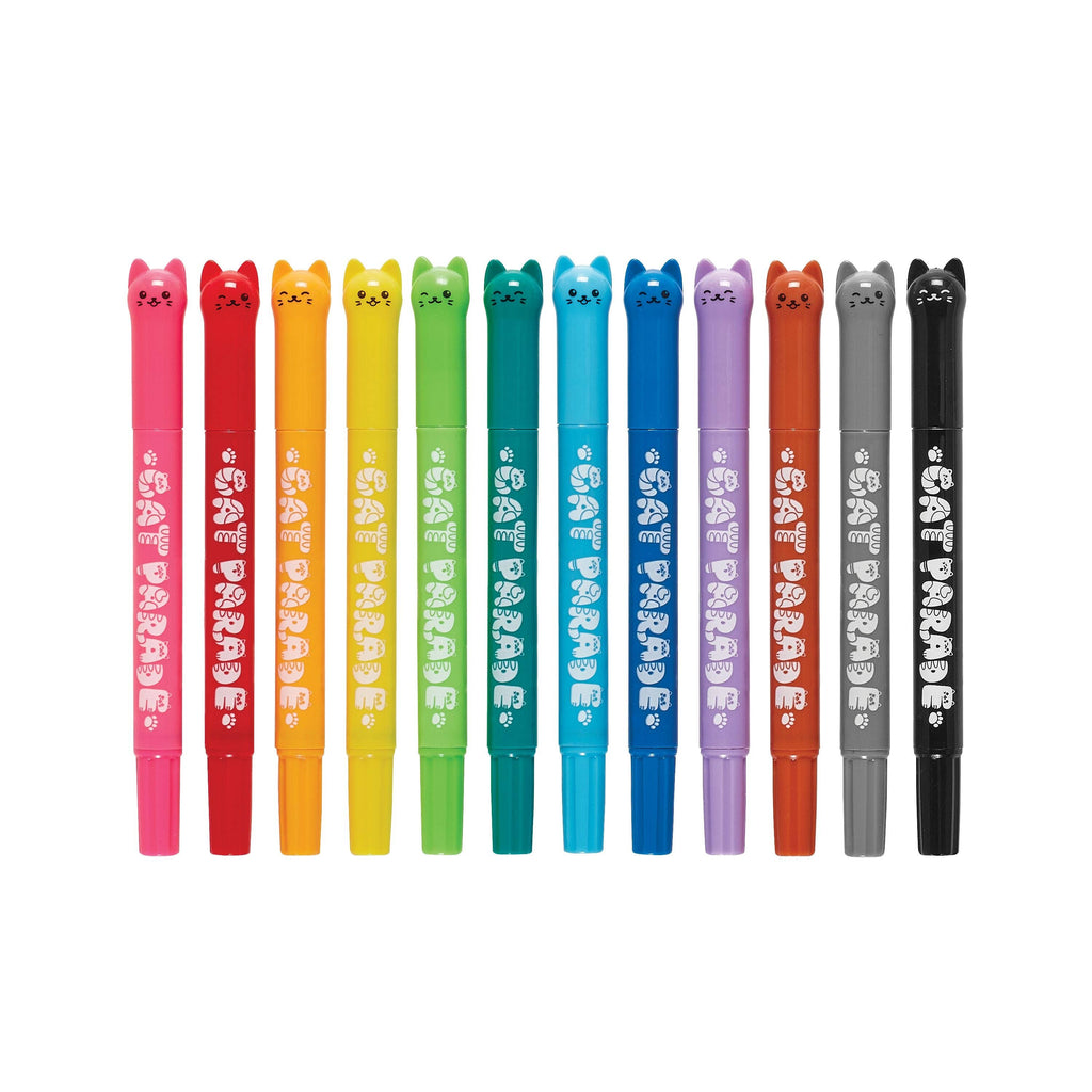 Twelve cat-shaped gel pens in assorted colors, arranged in a row against a plain white background. Each pen features a white cat face graphic printed vertically on the barrel.