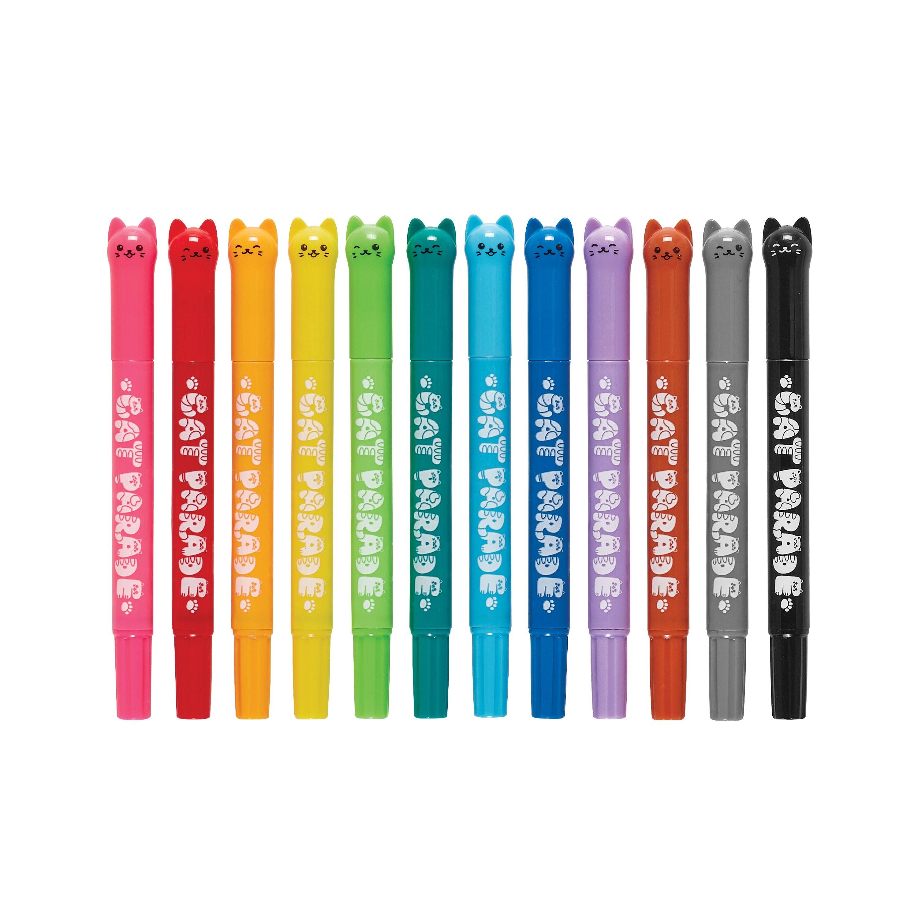 Twelve cat-shaped gel pens in assorted colors, arranged in a row against a plain white background. Each pen features a white cat face graphic printed vertically on the barrel.