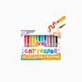 A box of Ooly Cat Parade 12 twist-up gel crayons, featuring a colorful design with cartoon cat faces and a demonstration of drawing with an orange crayon in the top right corner.