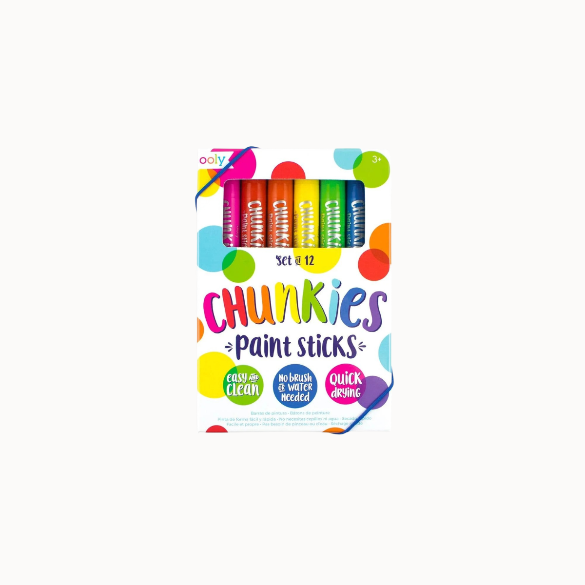 A box of Oily Chunks Paint Sticks set #12, featuring 12 colorful paint sticks visible through a clear window on the front of the packaging, set against a plain off-white background.