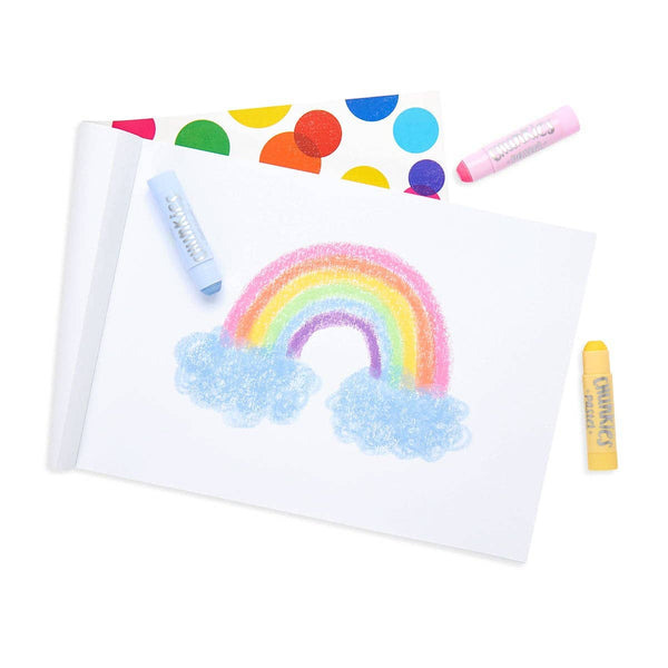 Colorful rainbow drawing on a white sheet with markers on a white background