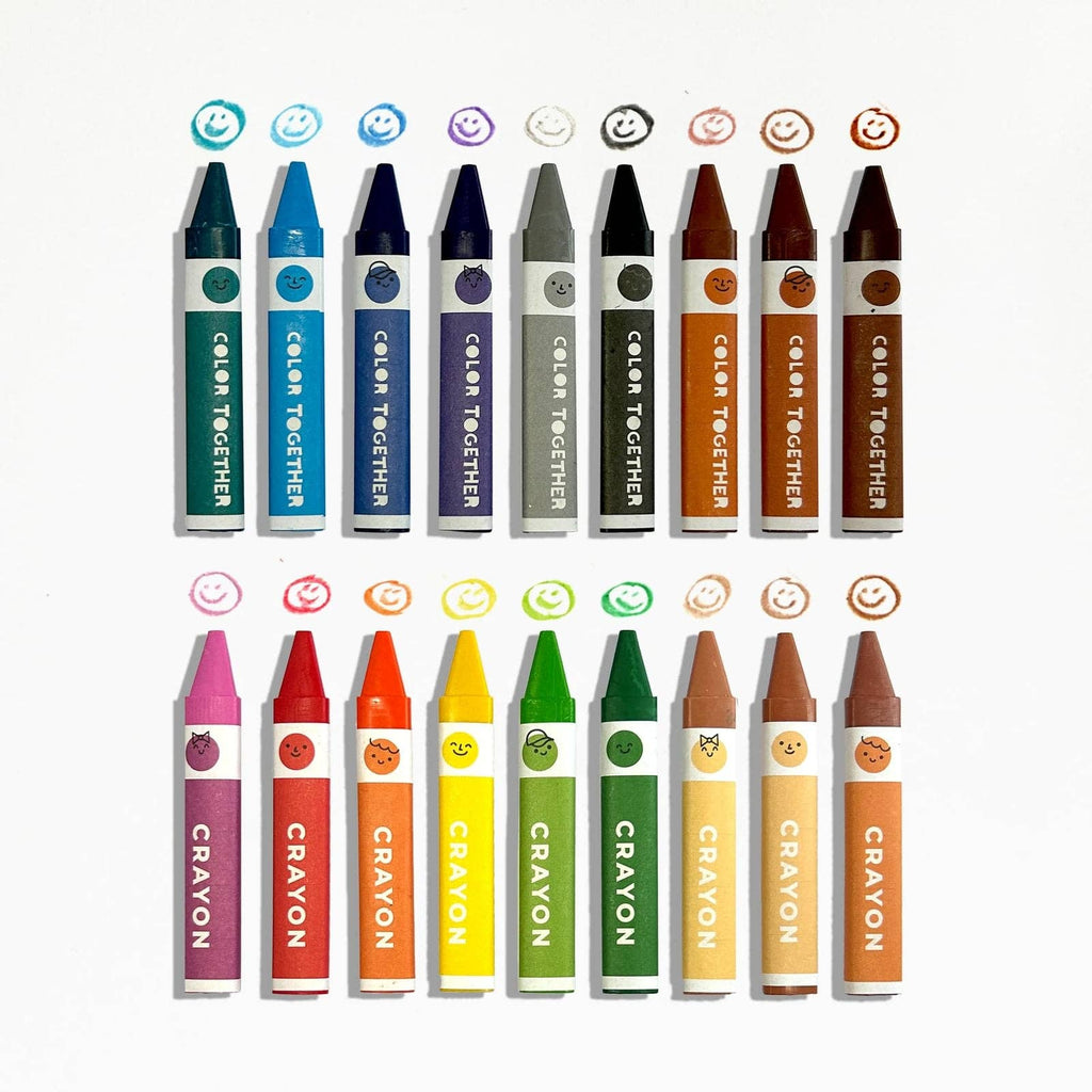 Set of colorful crayons with smiley face designs on a white background