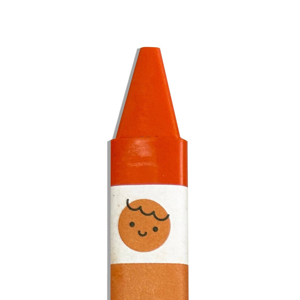 Orange crayon with a smiley face on a white background