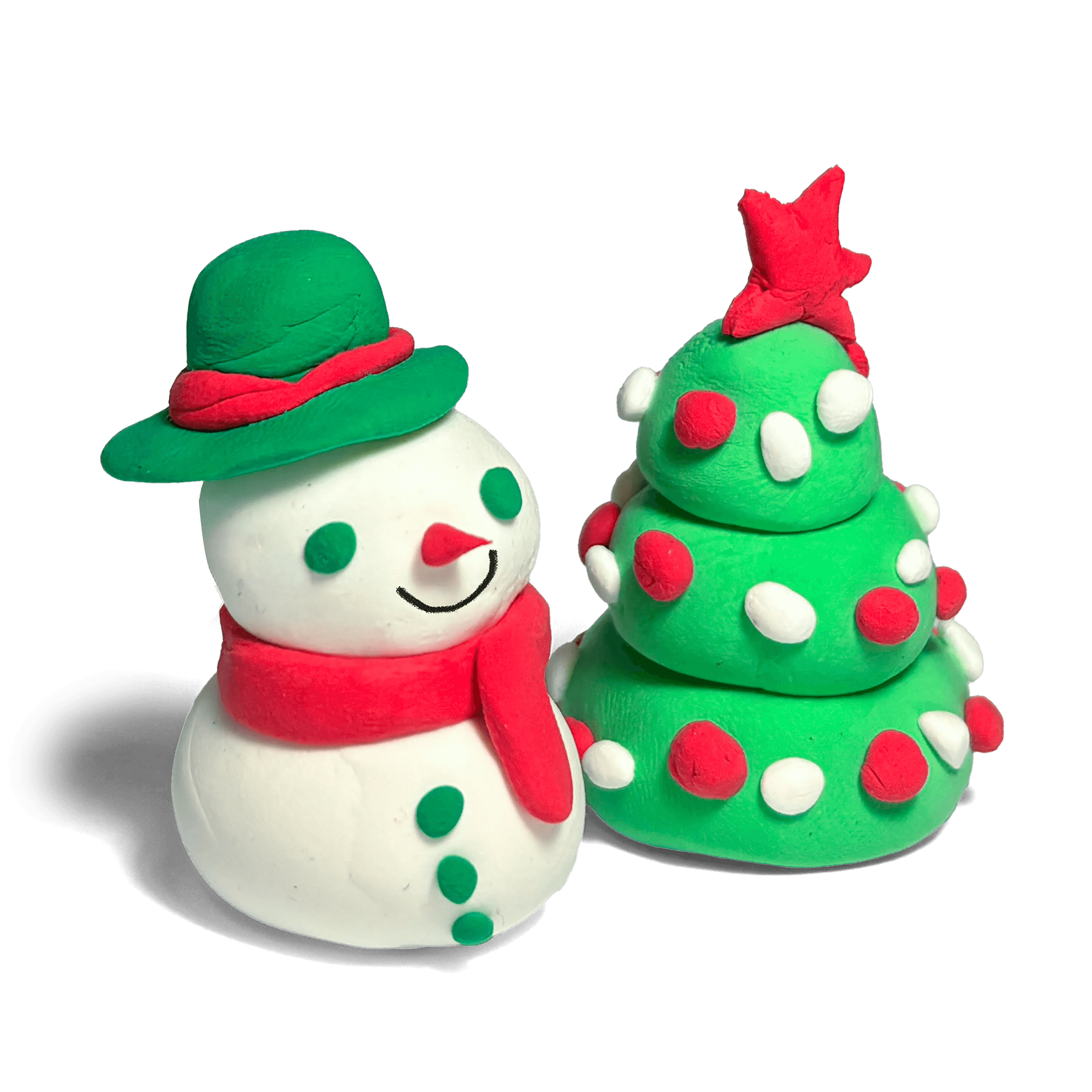 Plush snowman and Christmas tree with green hats and scarves on a transparent background