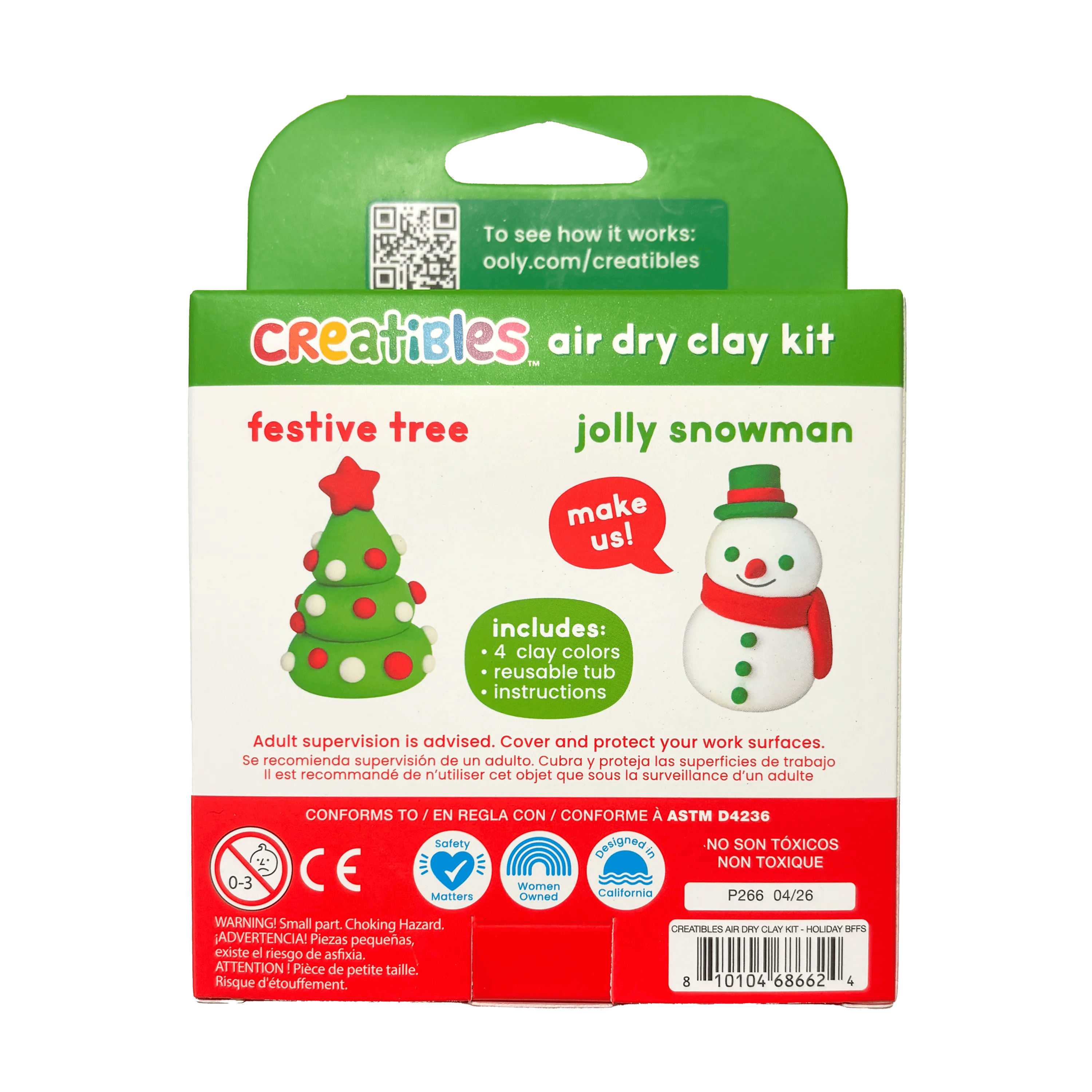Packaging of a Creatibles air dry clay kit with festive tree and jolly snowman designs on a green background.
