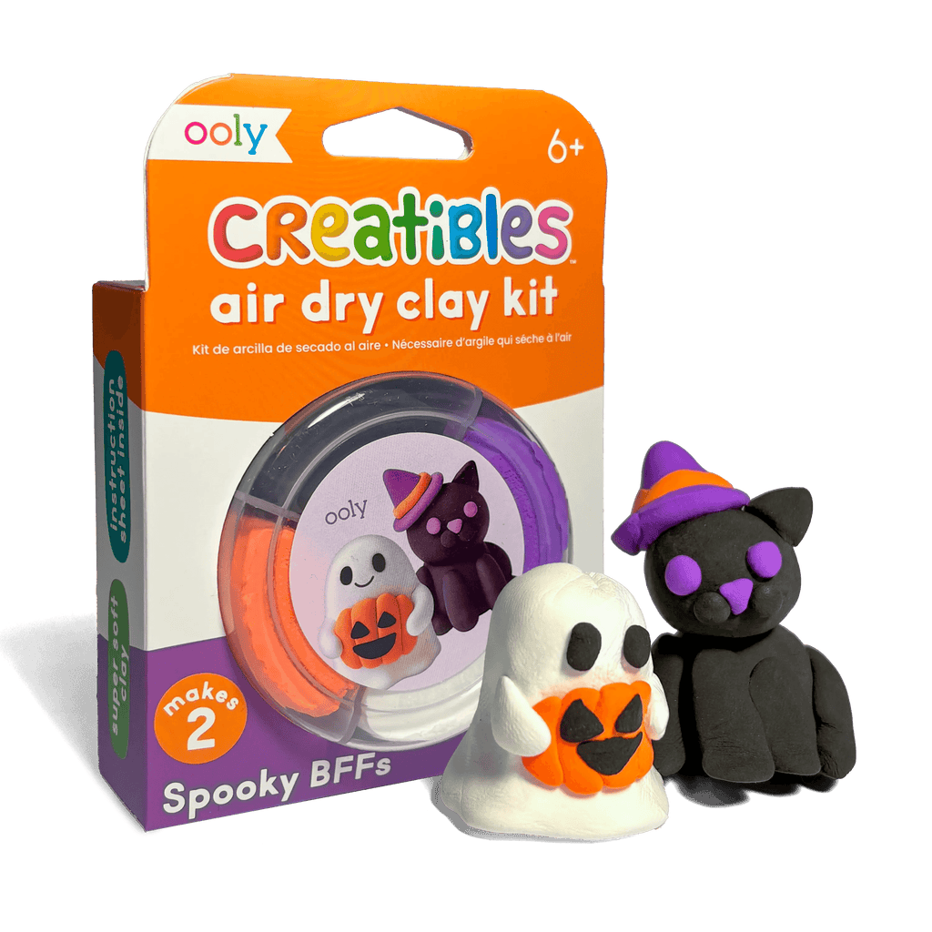 Ooly Creatibles air dry clay kit packaging with Halloween-themed clay figures on a green background