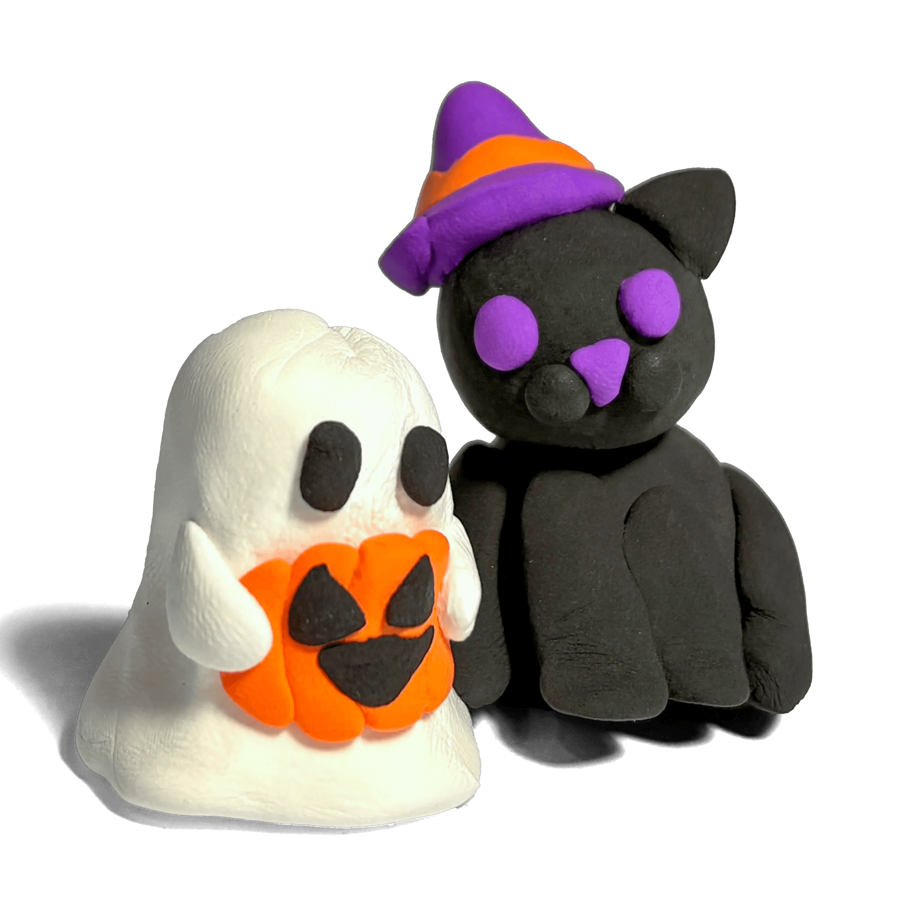 Halloween-themed black cat and ghost figurines on a transparent background