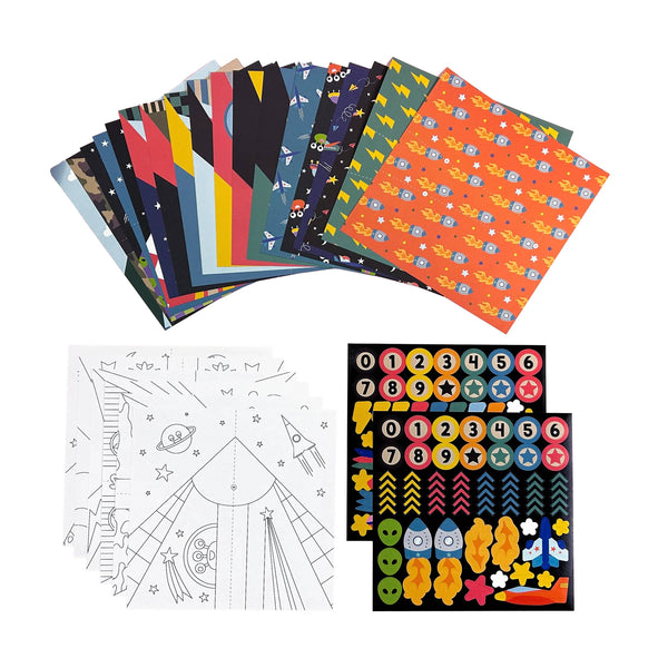 Collection of patterned paper sheets, coloring pages, and stickers on a white background