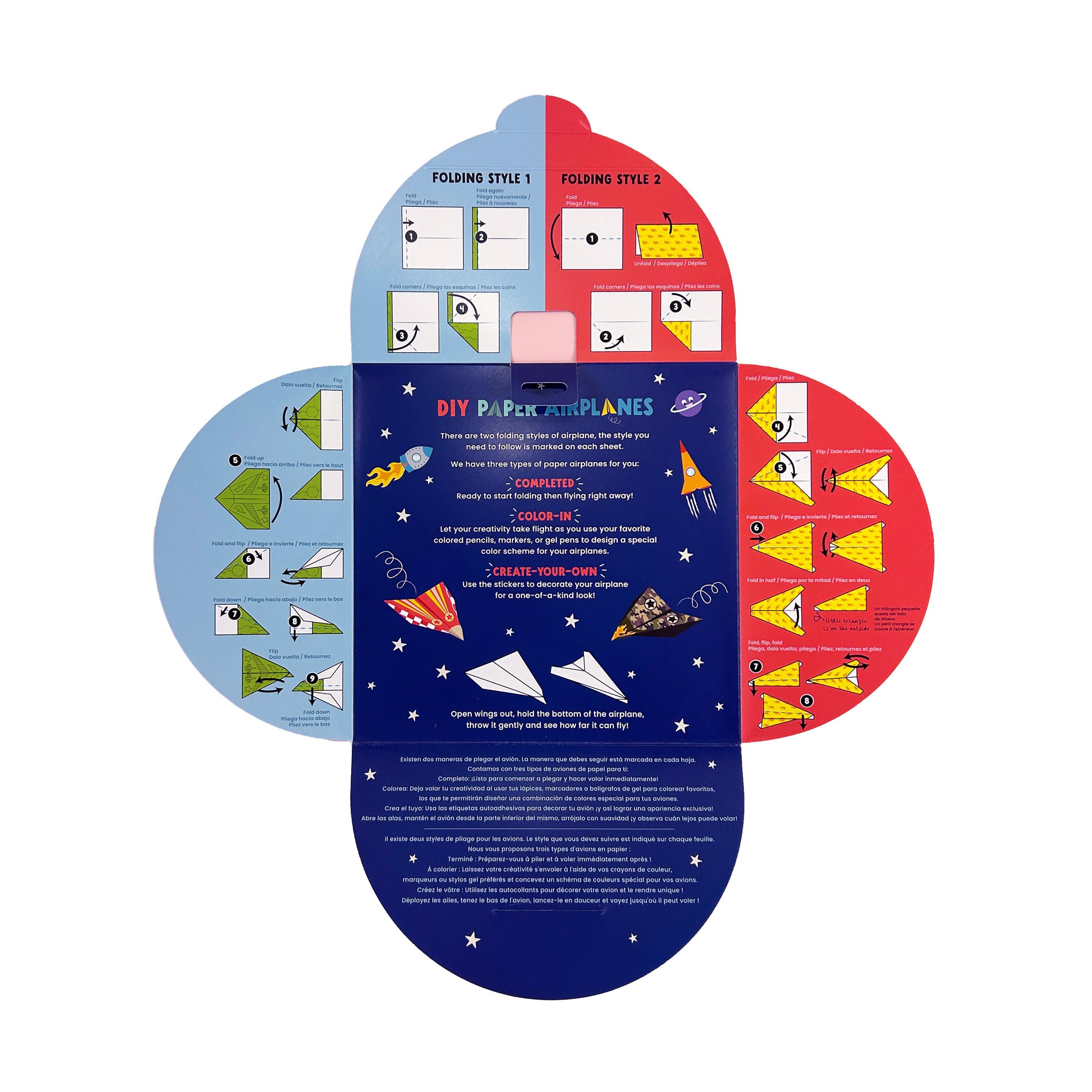 Instructions for making DIY paper airplanes with colorful folding diagrams on a white background