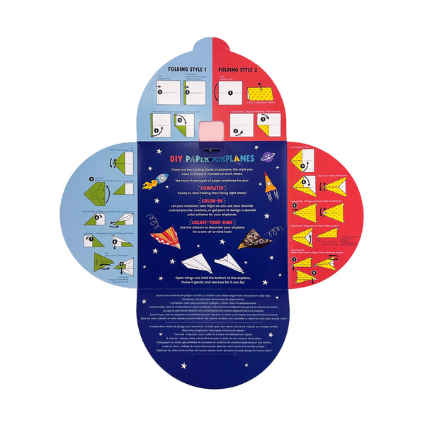 Instructions for making DIY paper airplanes with colorful folding diagrams on a white background