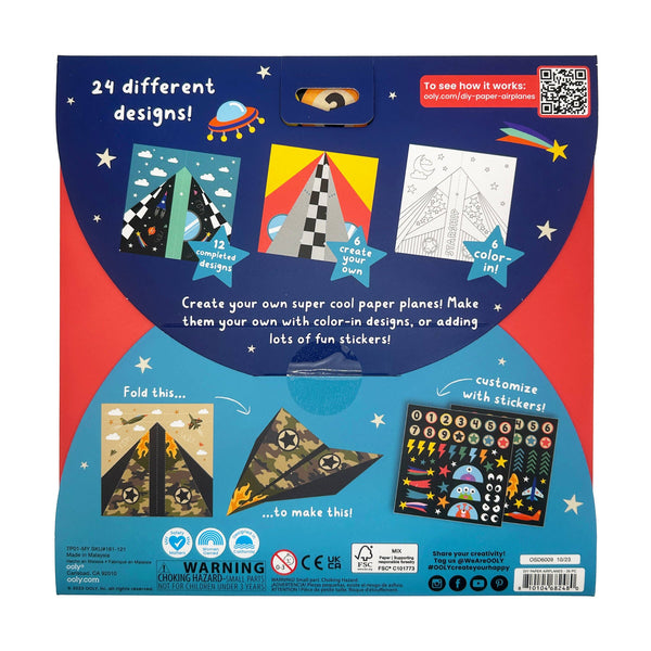 Colorful packaging of a paper plane kit with design options and stickers.