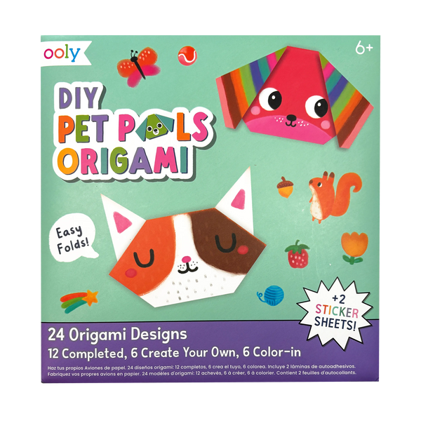 Ooly DIY Pet Pals Origami kit packaging with colorful origami animals on a green background