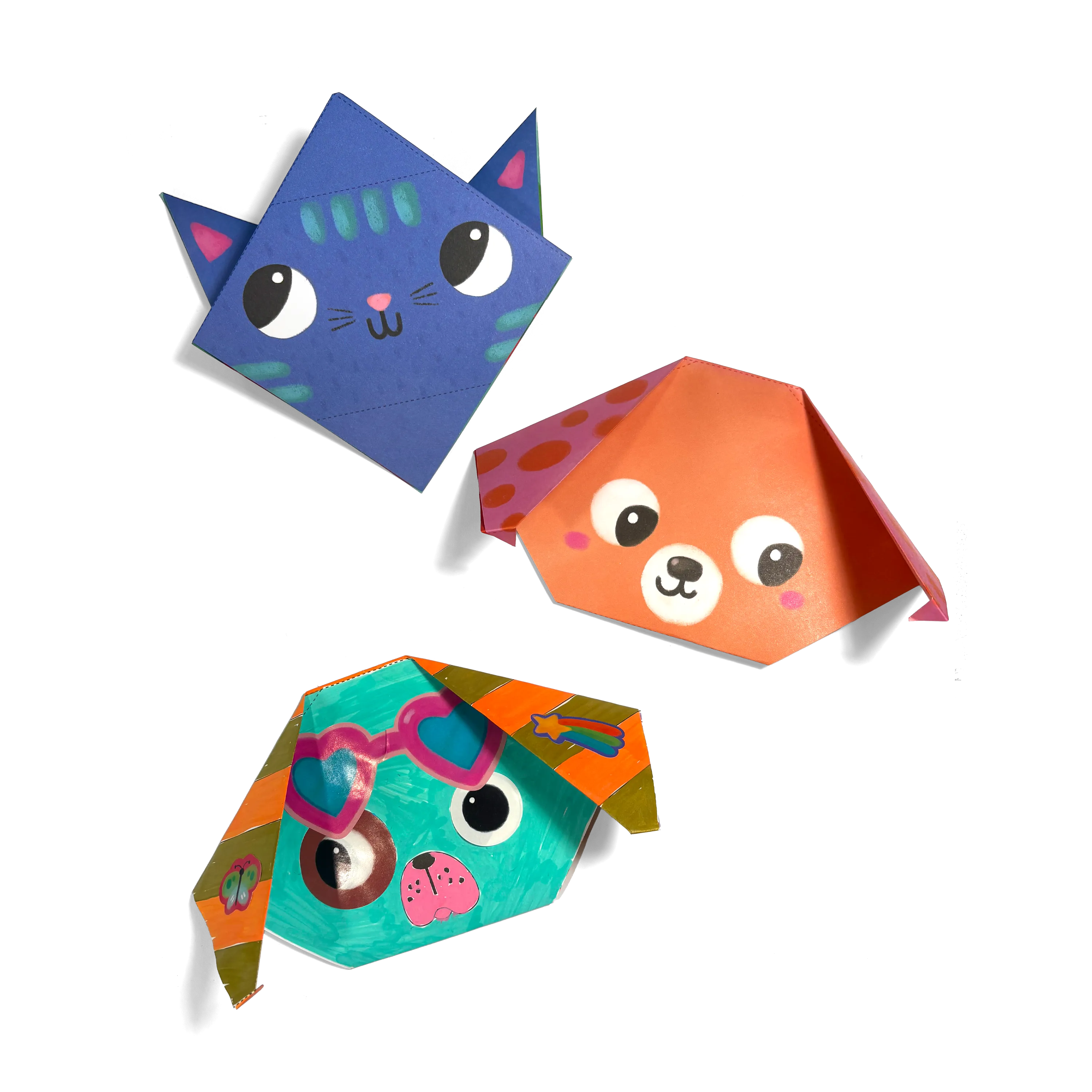Three colorful paper animal crafts (cat, dog, and monkey) on a white background