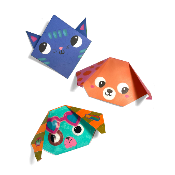 Three colorful paper animal crafts (cat, dog, and monkey) on a white background