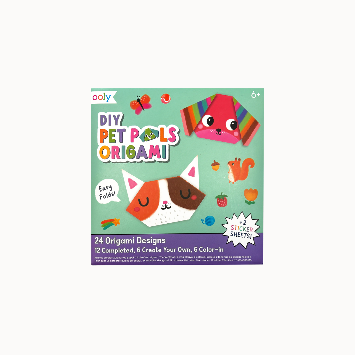 Ooaly DIY Pet Pals Origami box set featuring colorful origami cat and dog designs on a mint green package with purple bottom section.
