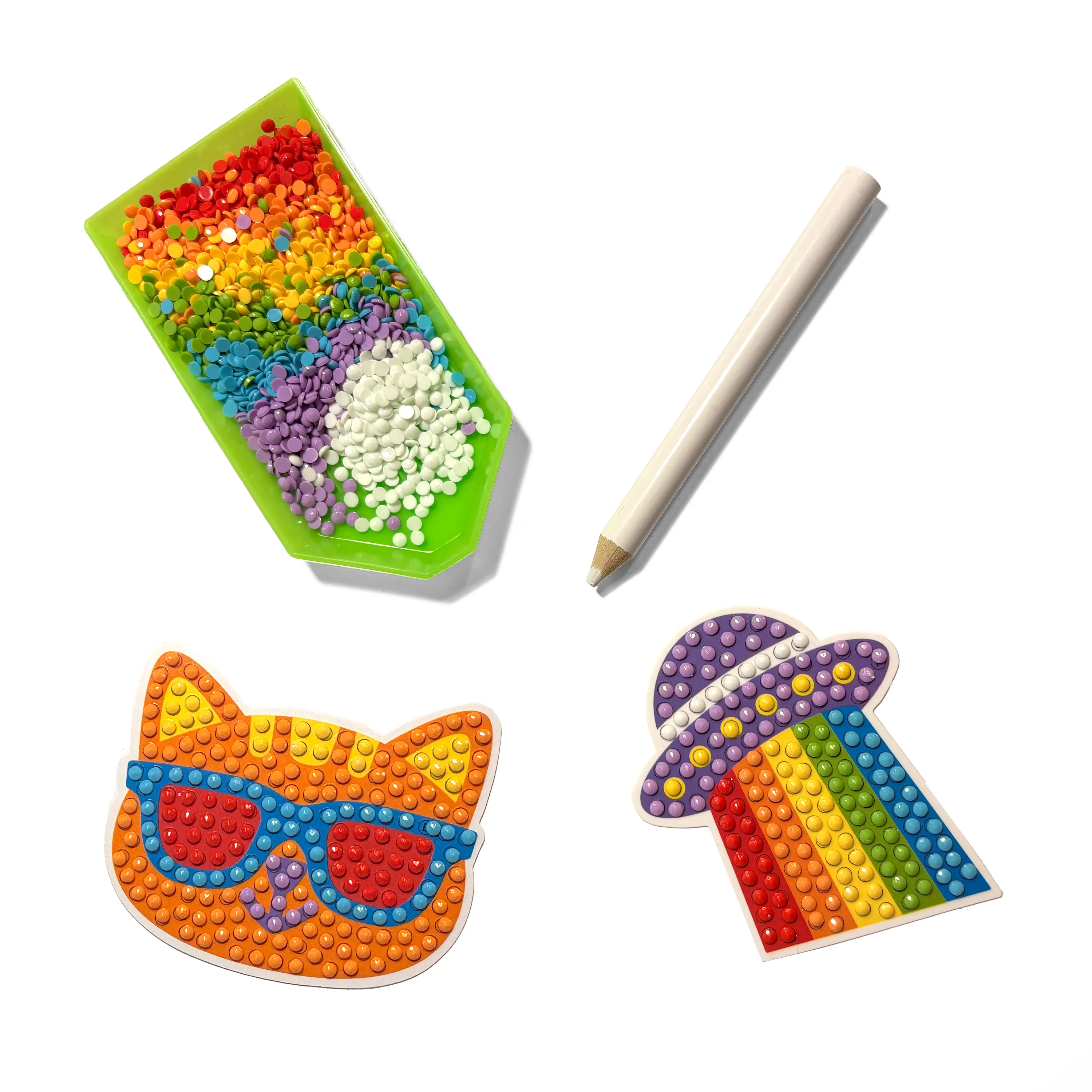 Colorful dot art projects with a pencil on a white background