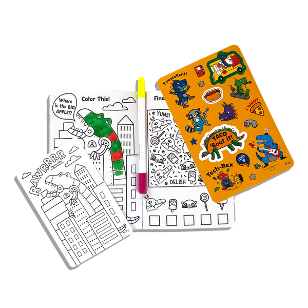 Coloring book with dinosaur-themed pages and a set of stickers on a white background