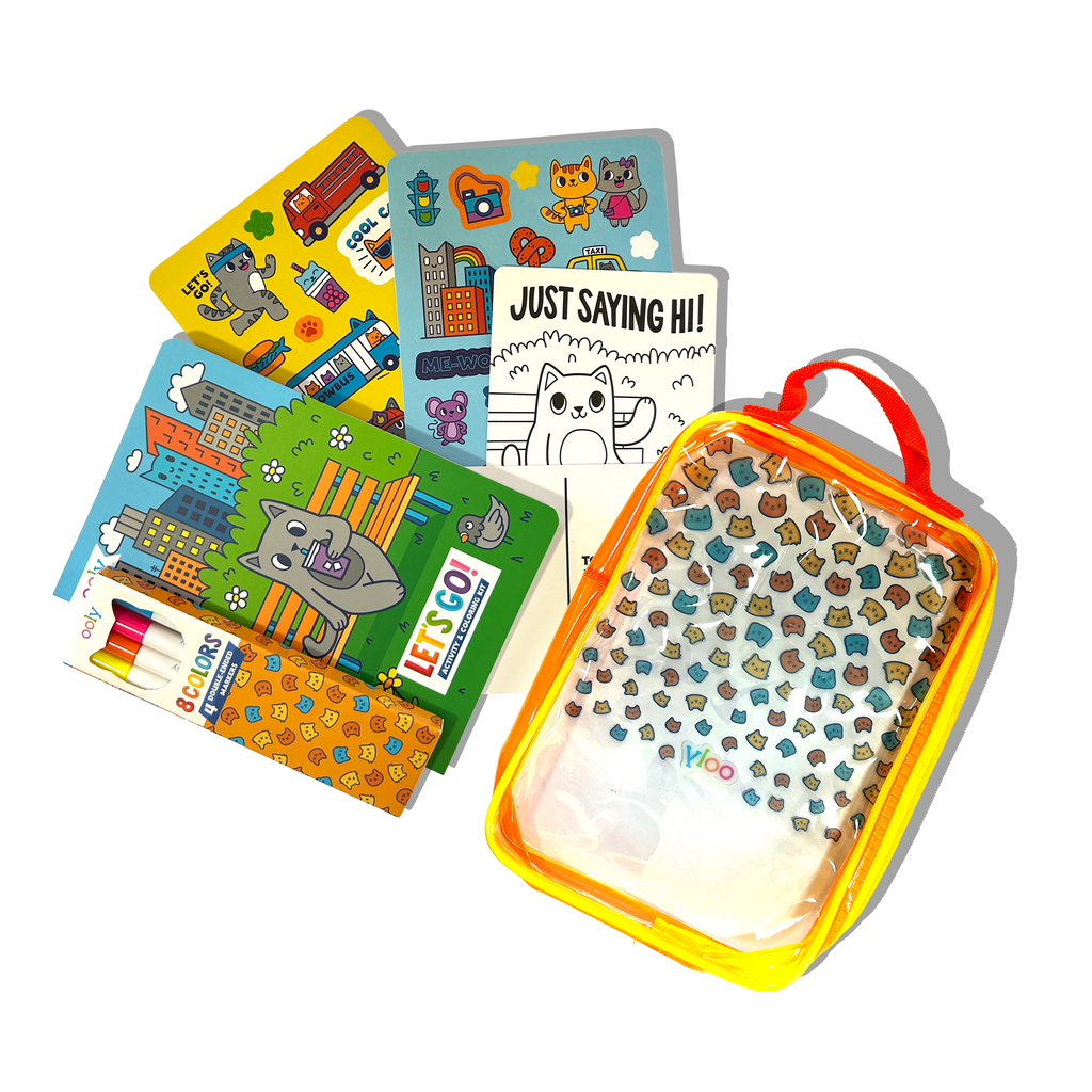 Set of children's books with a cat-themed pouch on a white background