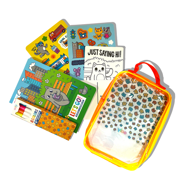 Set of children's books with a cat-themed pouch on a white background