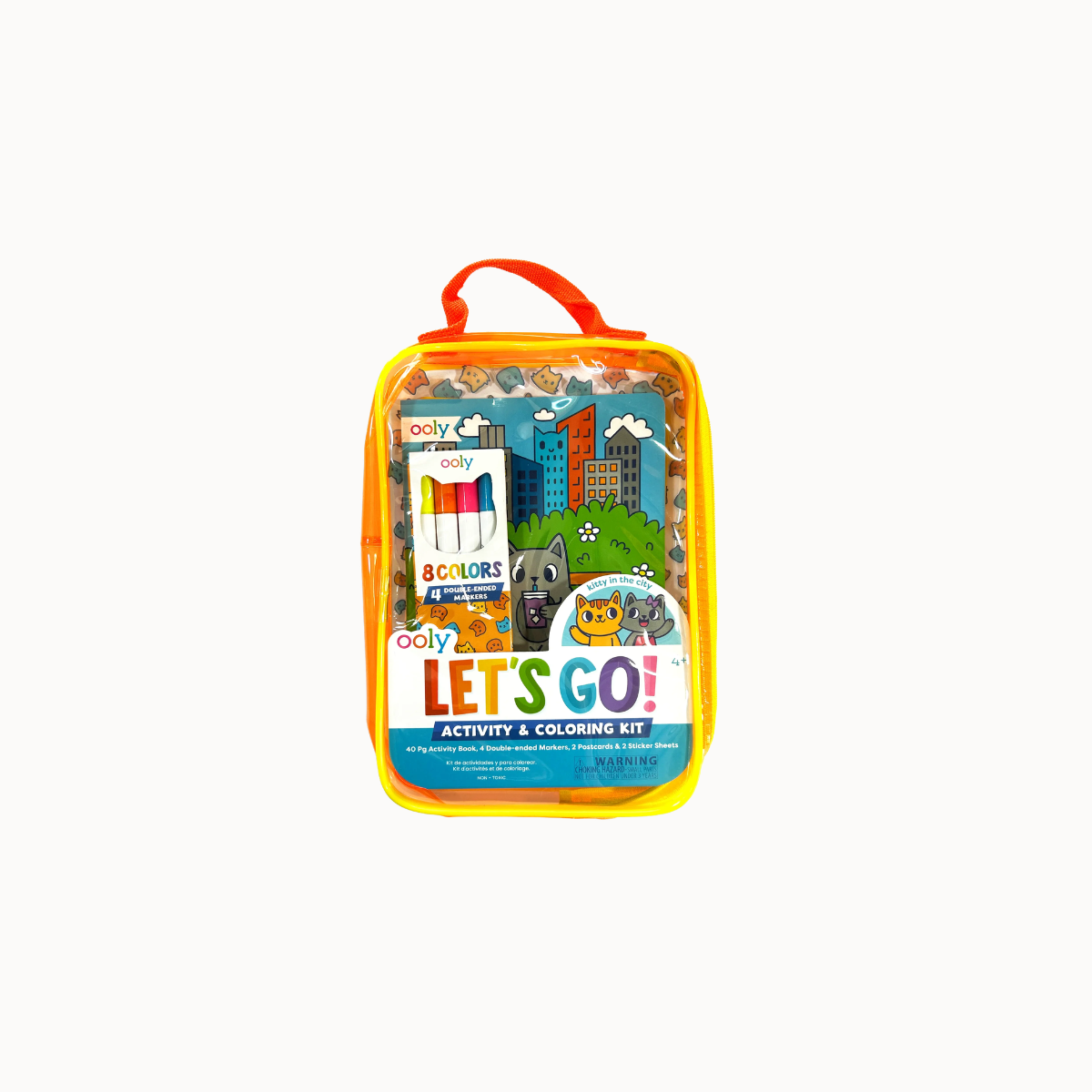 Oooh! Lets Go! Activity & Coloring Kit in a clear plastic zippered case with an orange handle, shown on a plain white background.