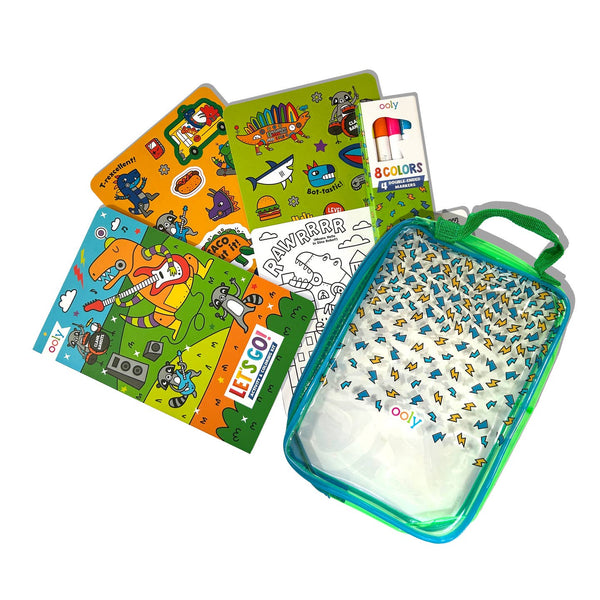 Coloring book set with markers and a carrying case on a white background