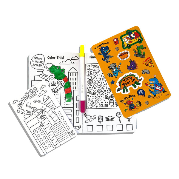 Coloring book with stickers and markers on a white background