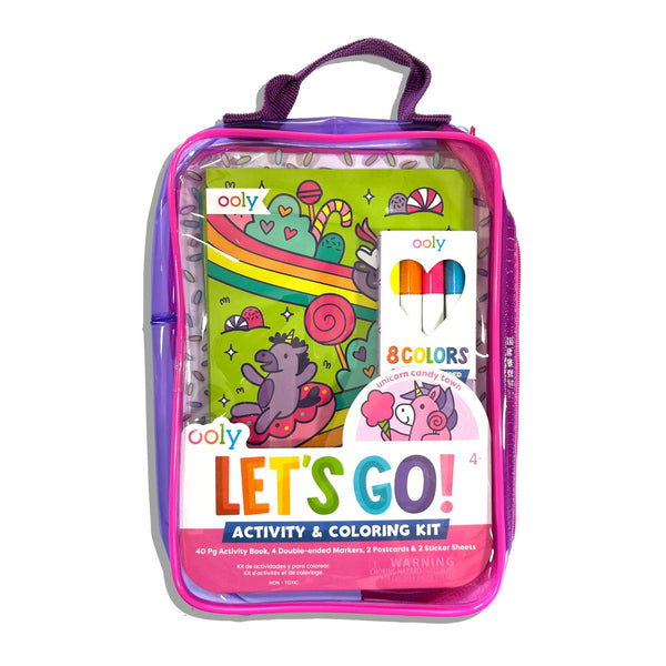 Ooly 'Let's Go!' activity and coloring kit in a clear pouch with pink zipper.