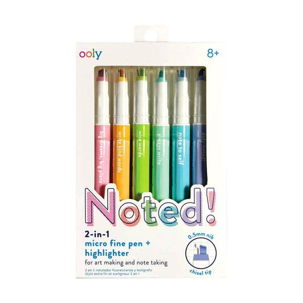 Packaging of Ooly Noted! 2-in-1 micro fine pen and highlighter set on a white background