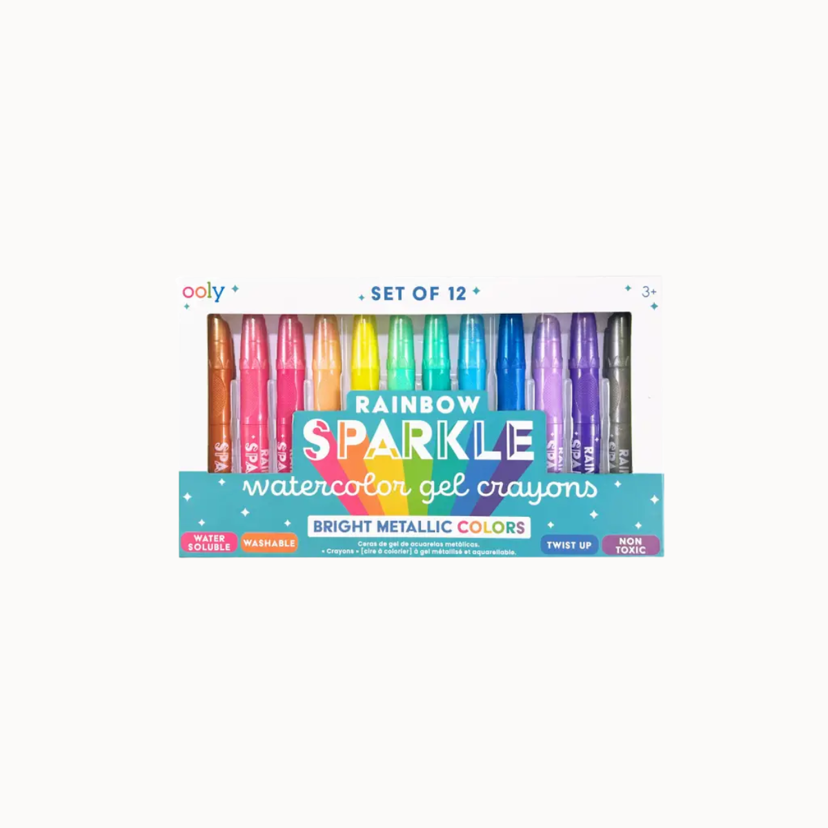 A set of 12 watercolor gel crayons in a white and teal box labeled 'Rainbow Sparkle watercolor gel crayons' on a plain white background.