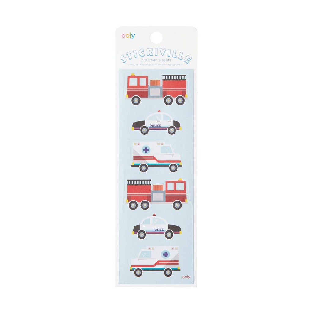 Pack of stickers with fire trucks, ambulances, and police cars on a white background