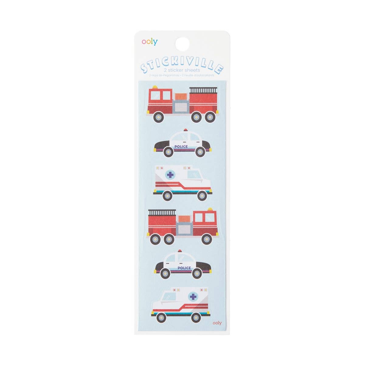 Pack of stickers with fire trucks, ambulances, and police cars on a white background
