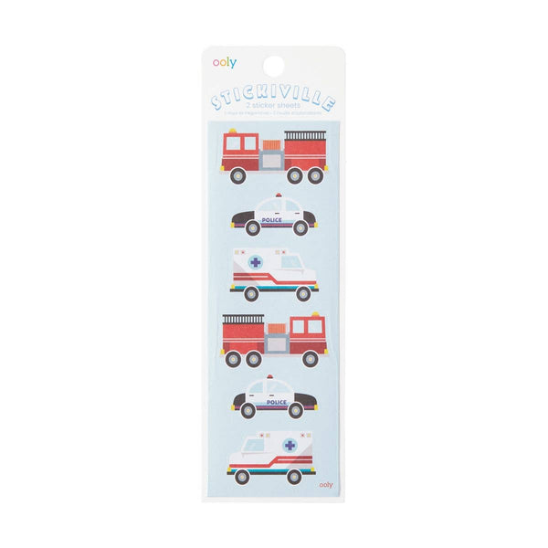 Pack of stickers with fire trucks, ambulances, and police cars on a white background