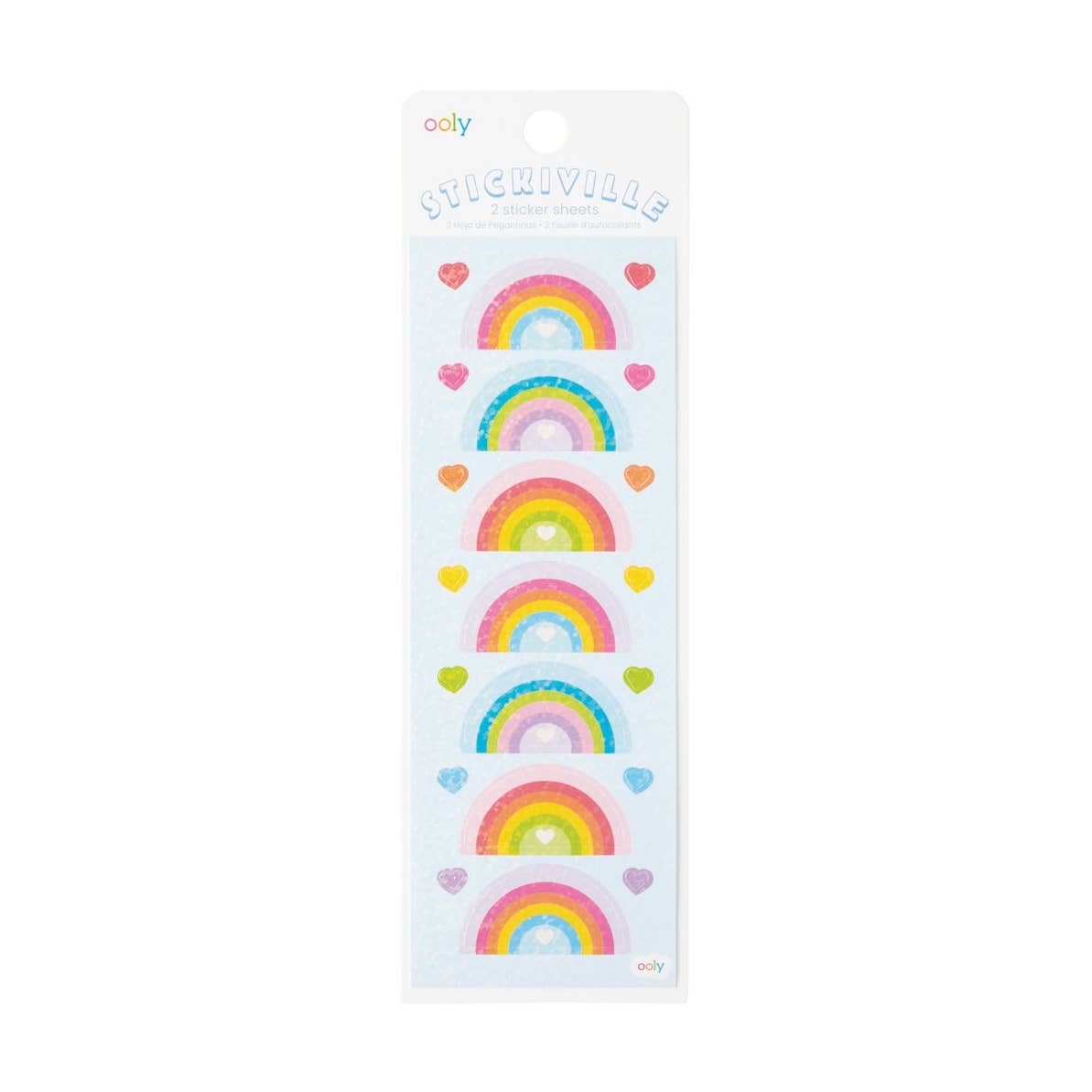 Pack of rainbow and heart stickers with 'Ooly' branding on a white background