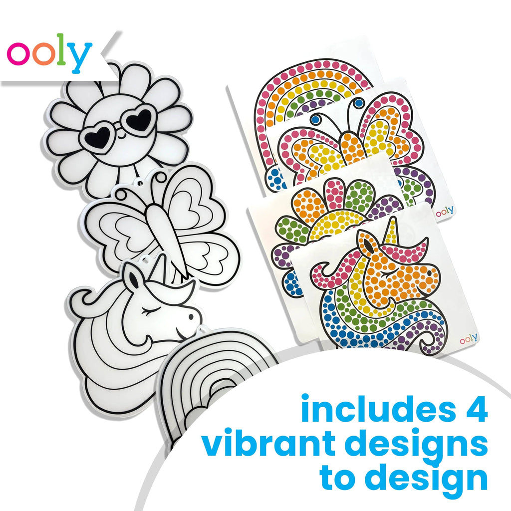Coloring book with unicorn, butterfly, flower, and rainbow designs on a white background with 'ooly' branding.