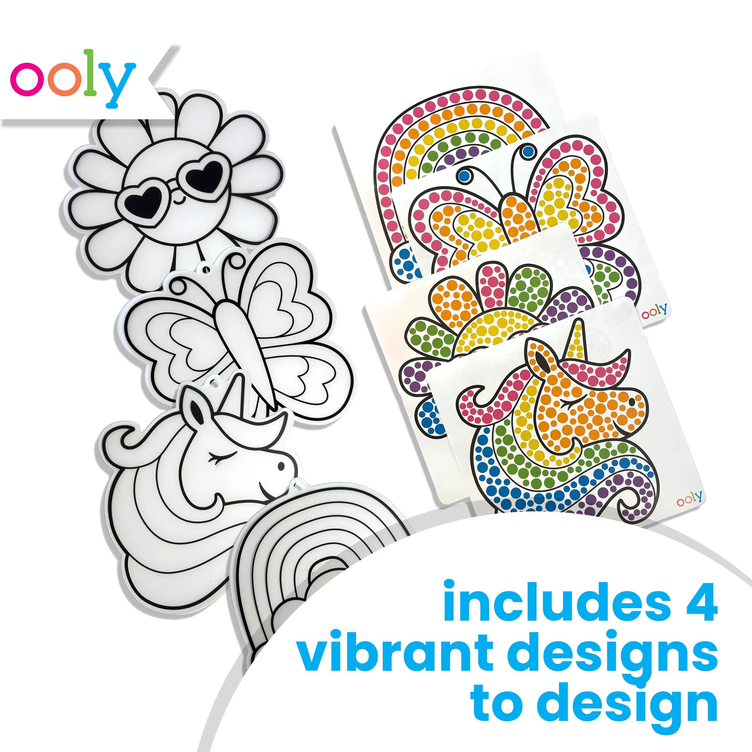 Coloring book with unicorn, butterfly, flower, and rainbow designs on a white background with 'ooly' branding.