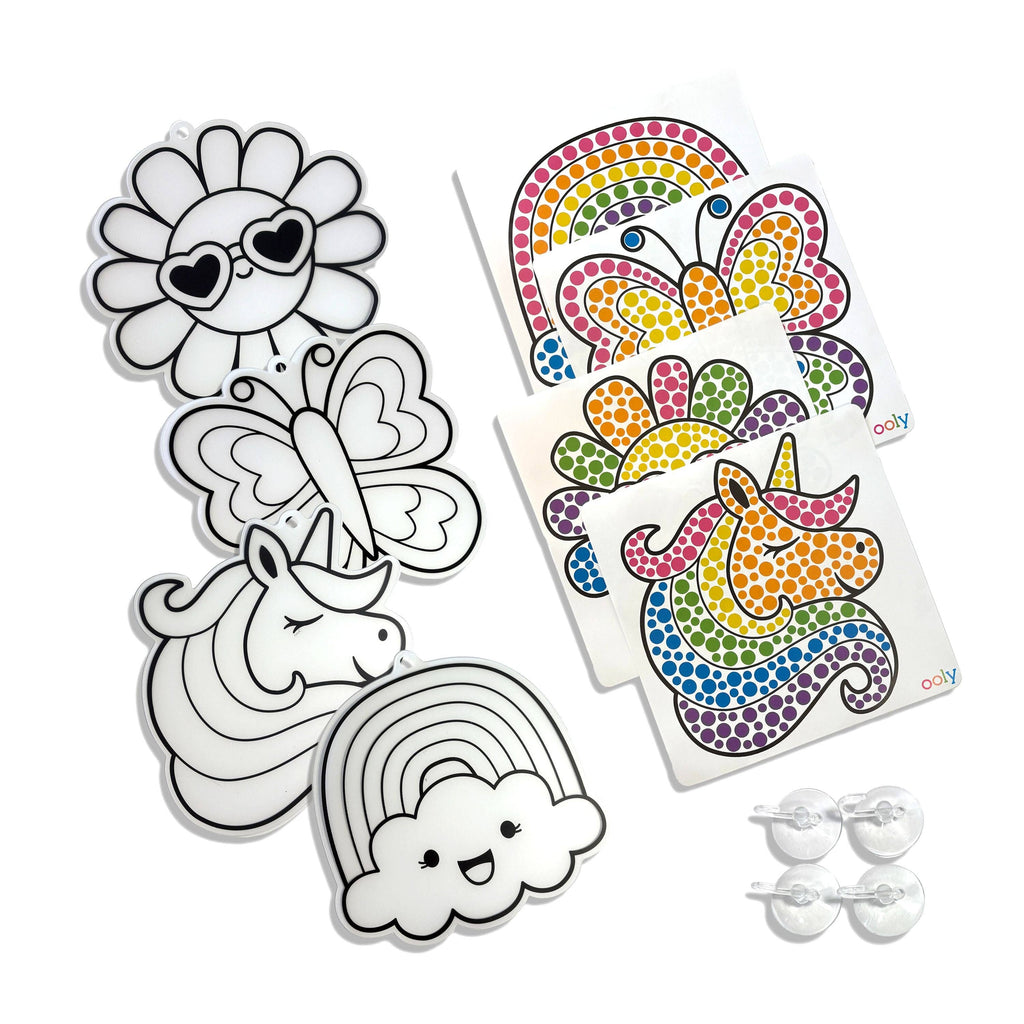 Colorable designs including a flower, butterfly, unicorn, rainbow, and cloud on a white background.