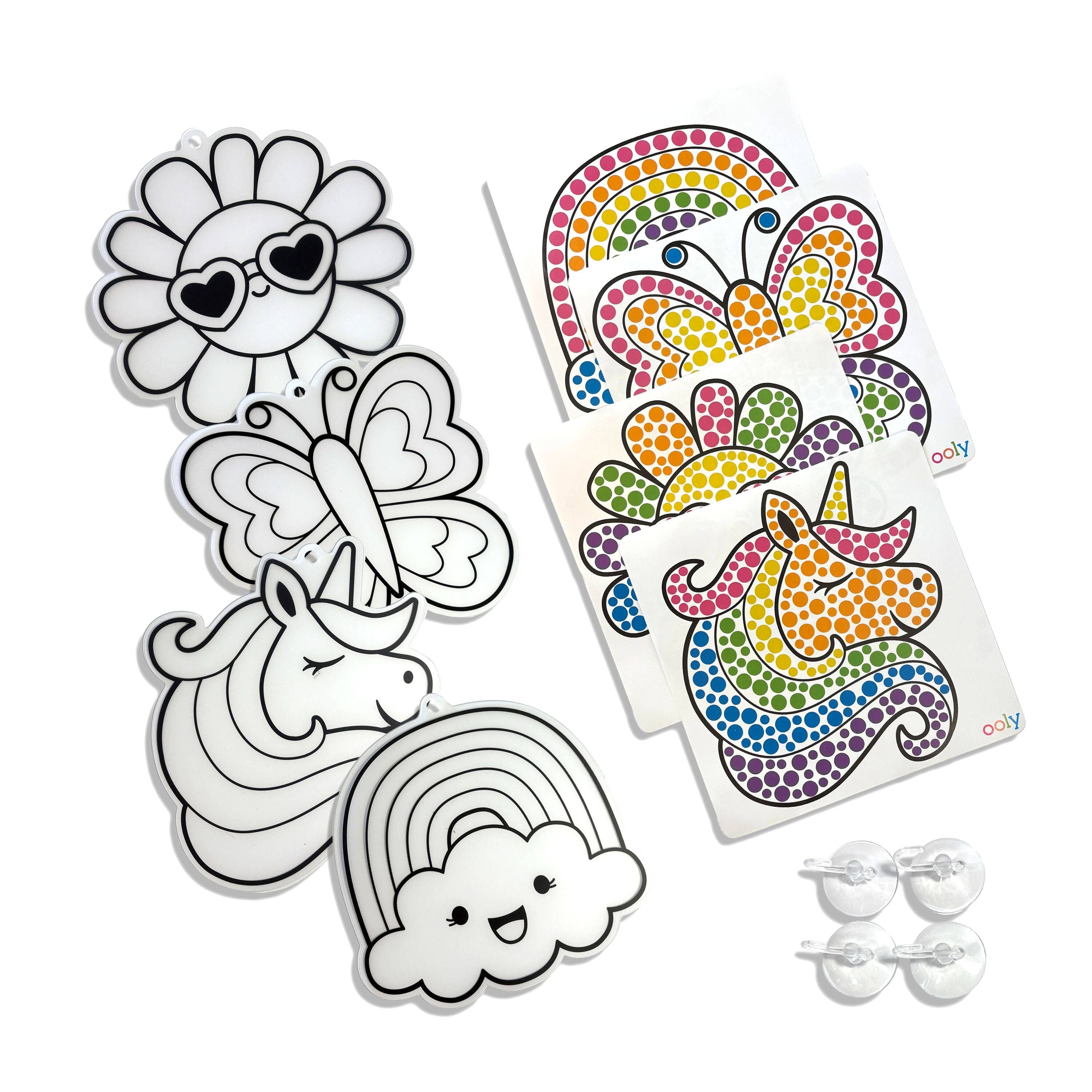 Colorable designs including a flower, butterfly, unicorn, rainbow, and cloud on a white background.