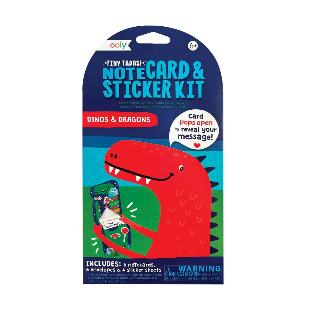 Packaging of a 'Tiny Tadpoles' notecard and sticker kit with a dinosaur design on a white background.