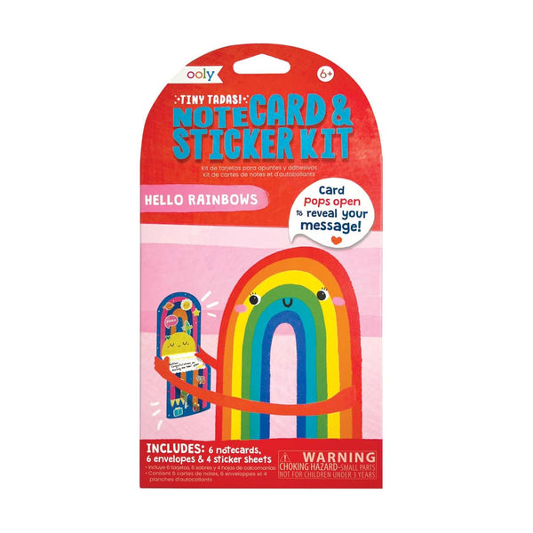 Packaging of a 'Tiny Tadas' card and sticker kit with a rainbow design on a white background.