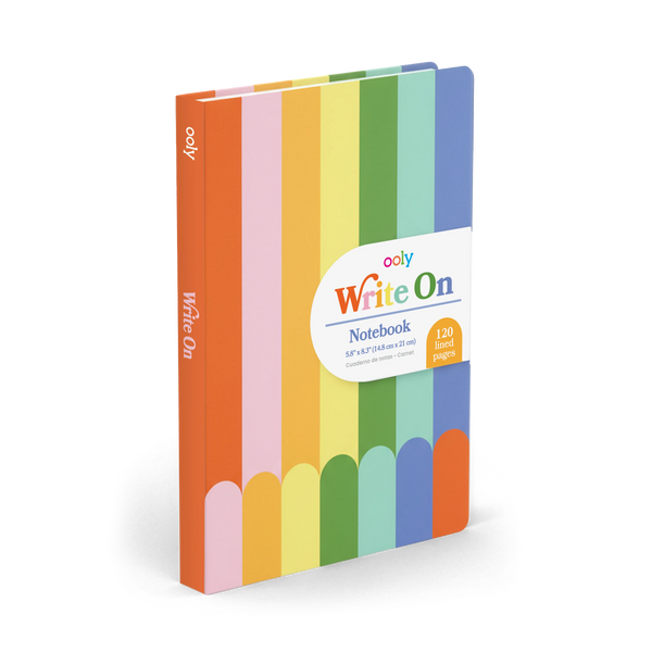 Colorful notebook with 'Ooly Write On' branding on a white background