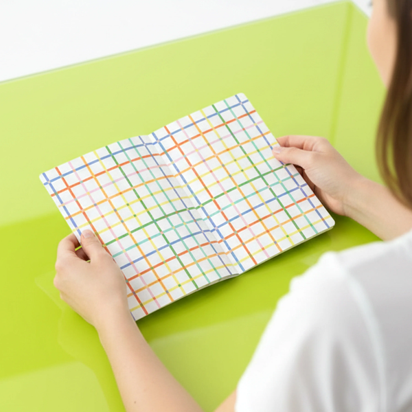Person holding a colorful grid-patterned folder on a green surface
