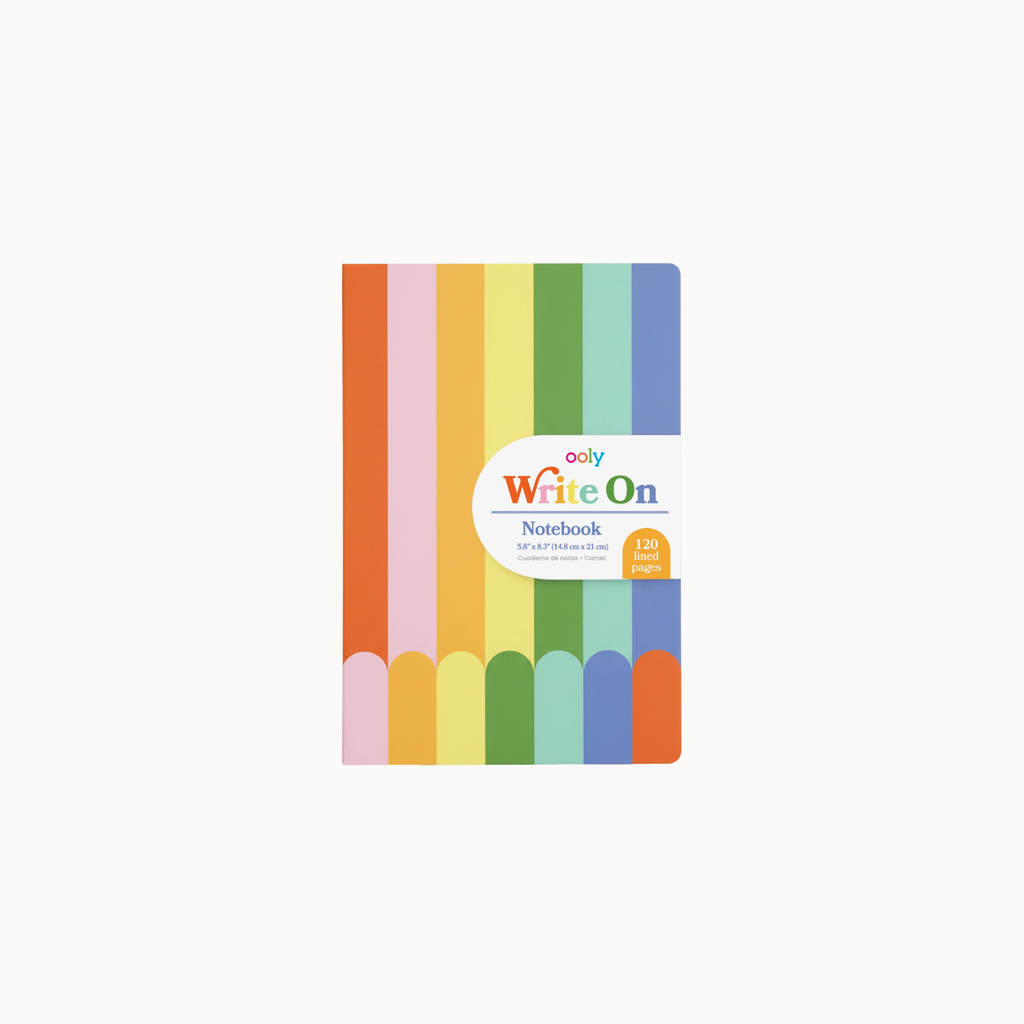 A colorful 'aolty Write On' notebook designed to look like a stack of sharpened pencils, featuring vertical stripes of orange, pink, yellow, green, blue, and purple, centered on a plain off-white background.