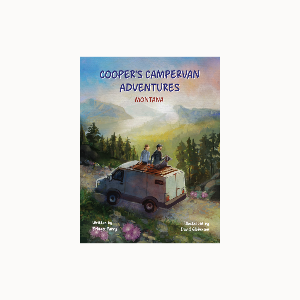 Book cover for 'Cooper's Campervan Adventures: Montana' featuring an illustrated scene of a gray campervan carrying two people on a mountain road, with the title in blue and red text at the top.