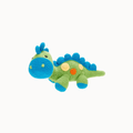 A crocheted dinosaur toy in light green and bright blue, featuring small yellow and orange spots on its back, set against a plain off-white background.