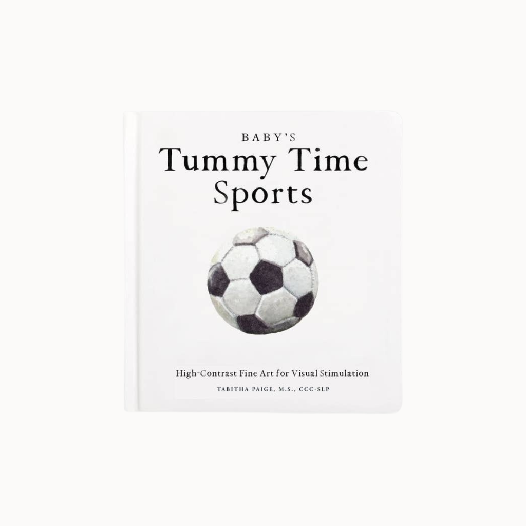 A baby's tummy time sports book with a white cover, featuring a black and white soccer ball illustration and the title 'Baby's Tummy Time Sports' in black text.